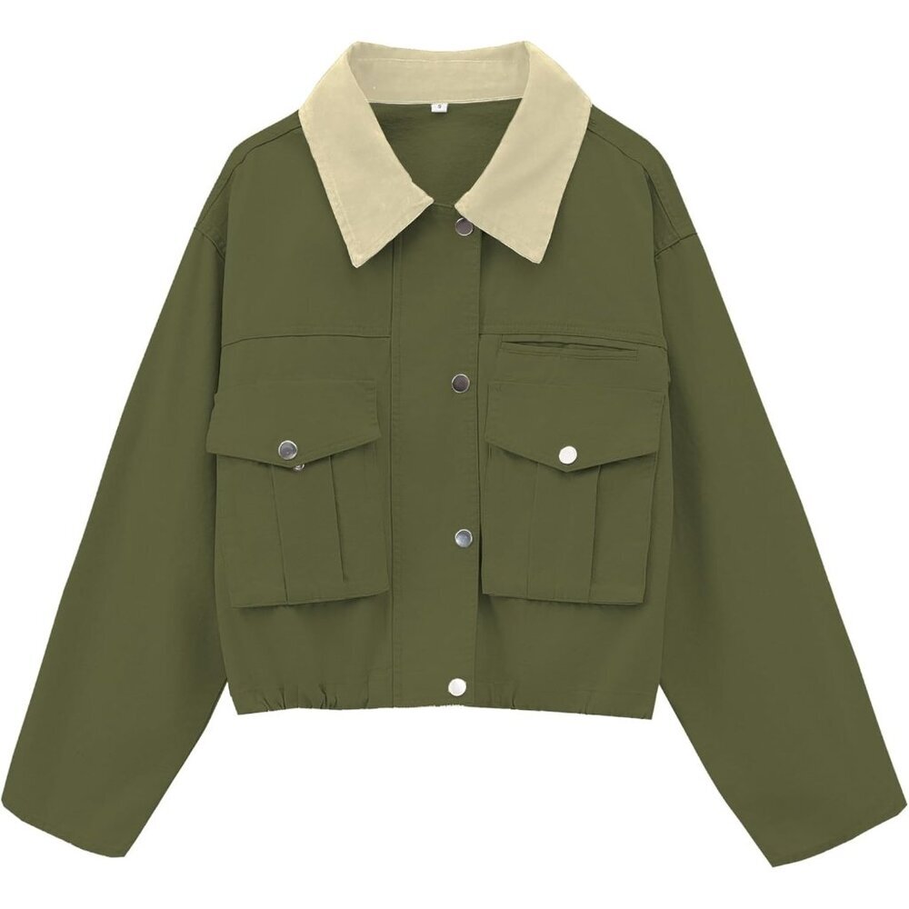 Women's Army Green Cropped Contrast Collar Utility Coat Cargo Jacket Imported